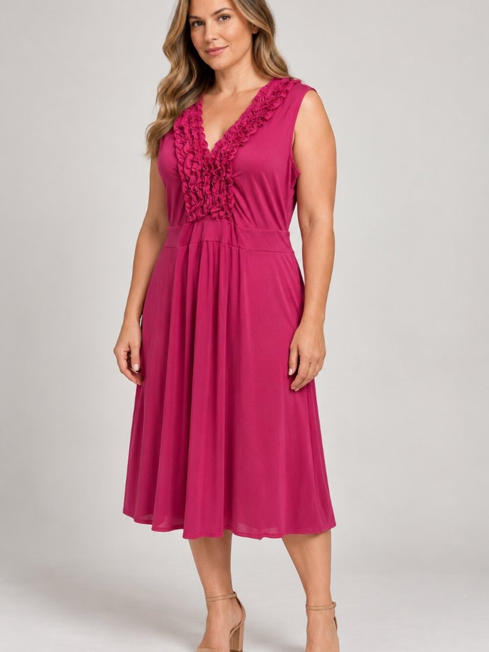 Madison Large Pink Ruffle V-Neck Sleeveless Dress Feminine Cocktail Party